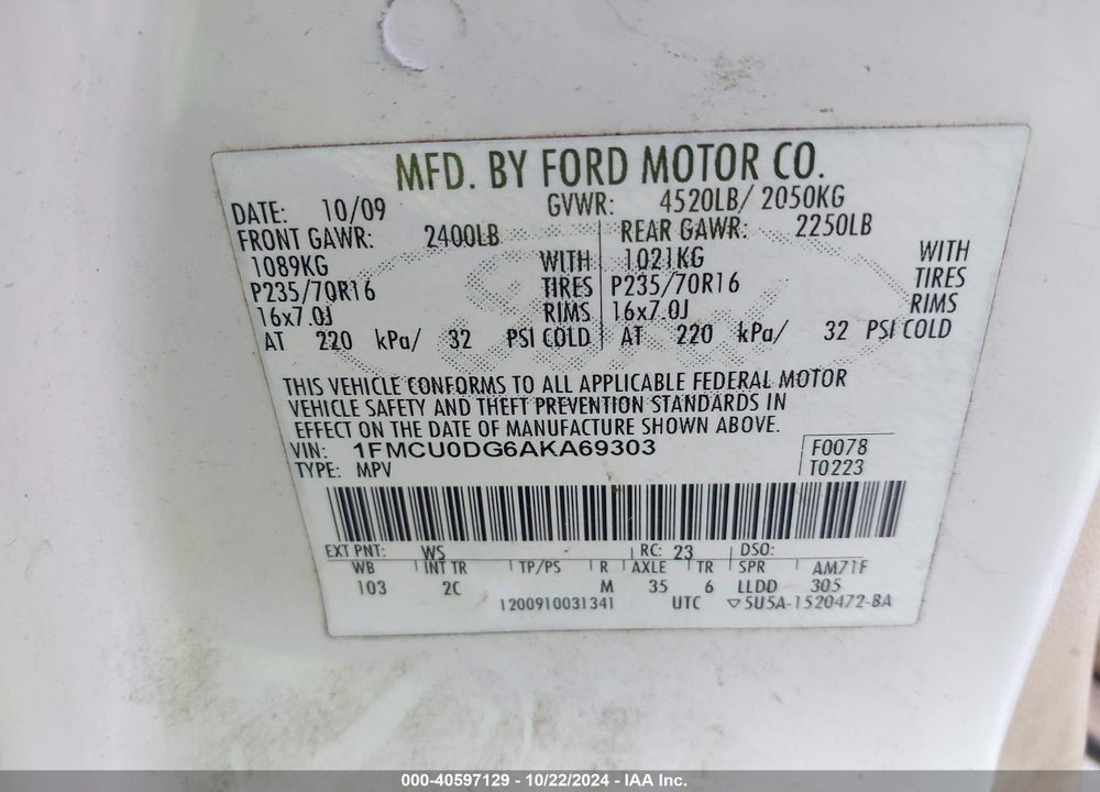 2010 FORD ESCAPE XLT VIN: 1FMCU0DG6AKA69303