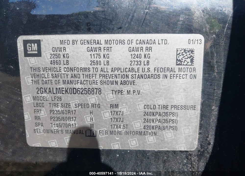 2013 GMC TERRAIN SLE-1 VIN: 2GKALMEK0D6256878
