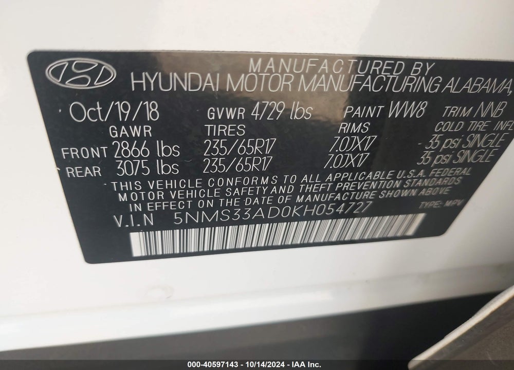 2019 HYUNDAI SANTA FE SEL VIN: 5NMS33AD0KH054727