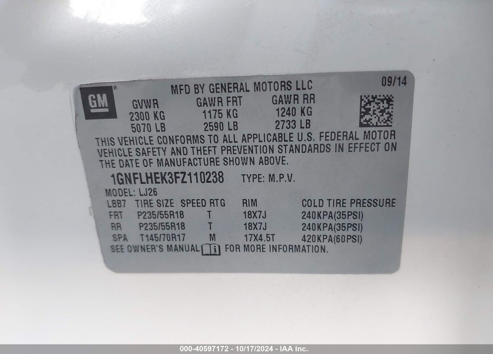 2015 CHEVROLET EQUINOX VIN: 1GNFLHEK3FZ110238