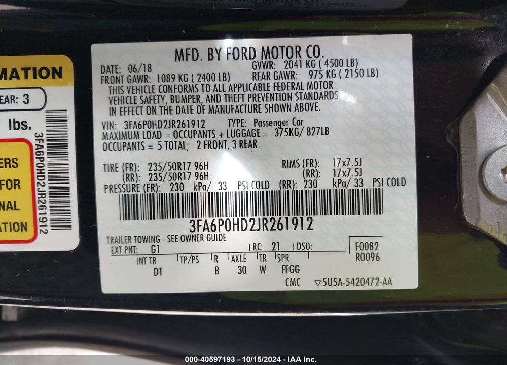 2018 FORD FUSION SE VIN: 3FA6P0HD2JR261912