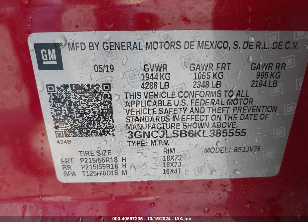 2019 CHEVROLET TRAX LT VIN: 3GNCJLSB6KL385555
