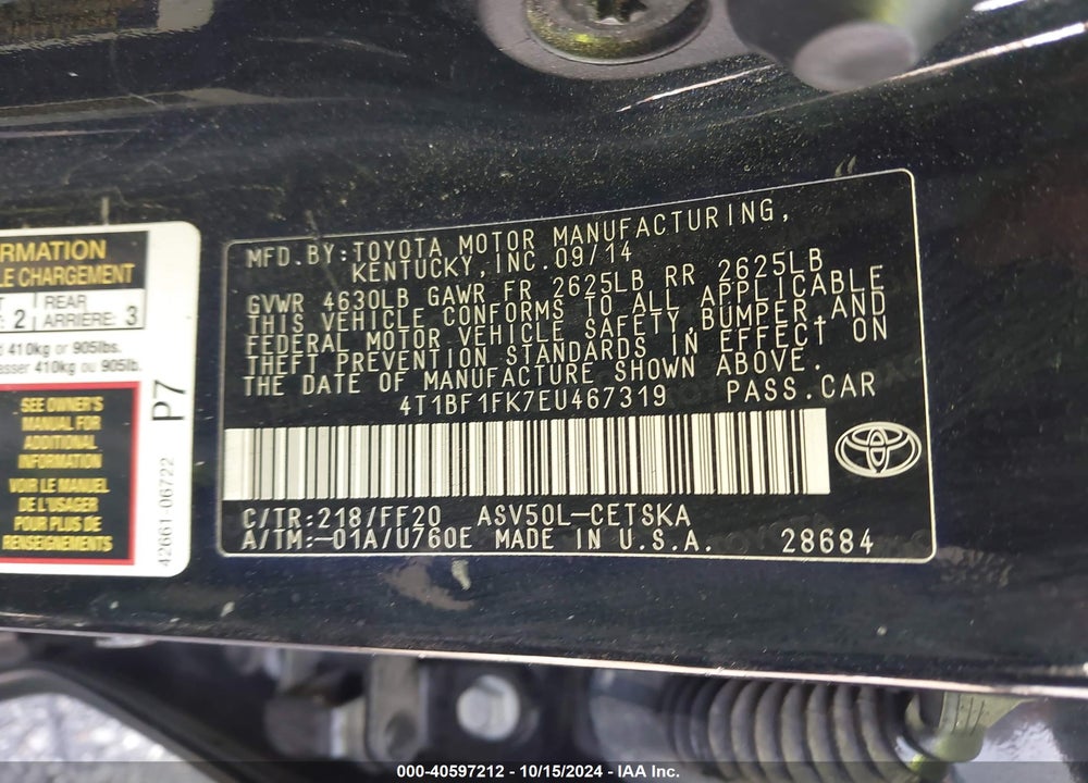 2014 TOYOTA CAMRY SE VIN: 4T1BF1FK7EU467319