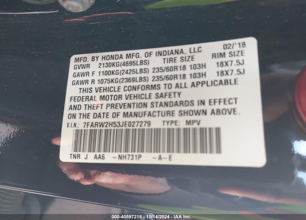 2018 HONDA CR-V EX VIN: 7FARW2H53JE027279
