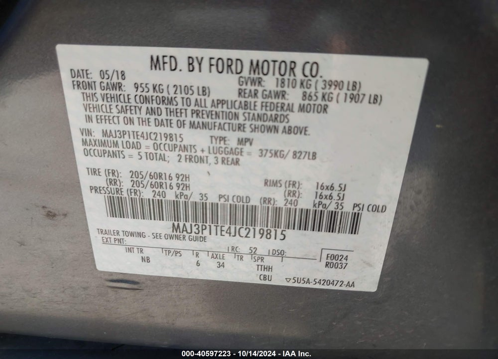 2018 FORD ECOSPORT SE VIN: MAJ3P1TE4JC219815