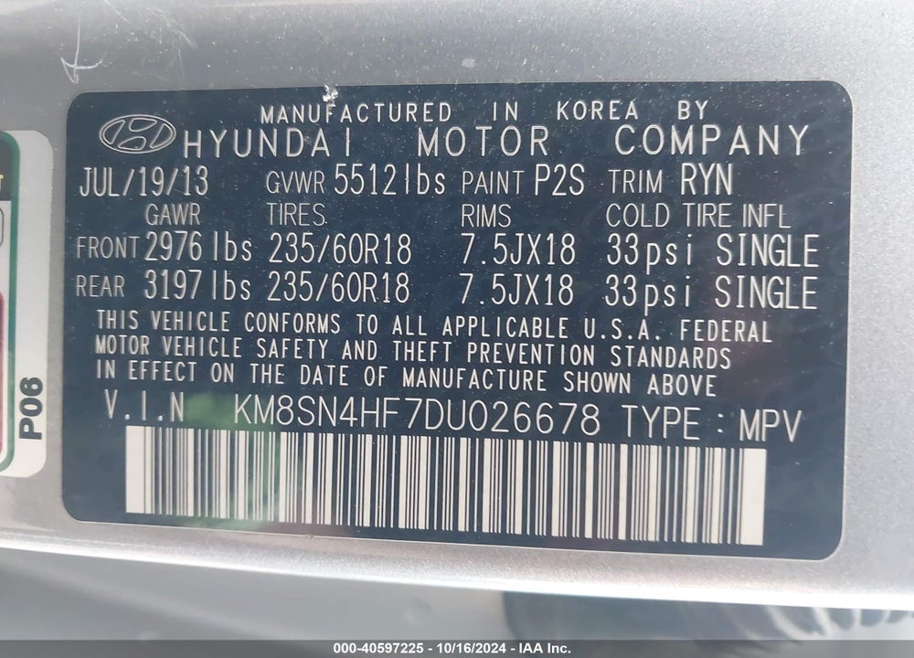 2013 HYUNDAI SANTA FE GLS VIN: KM8SN4HF7DU026678