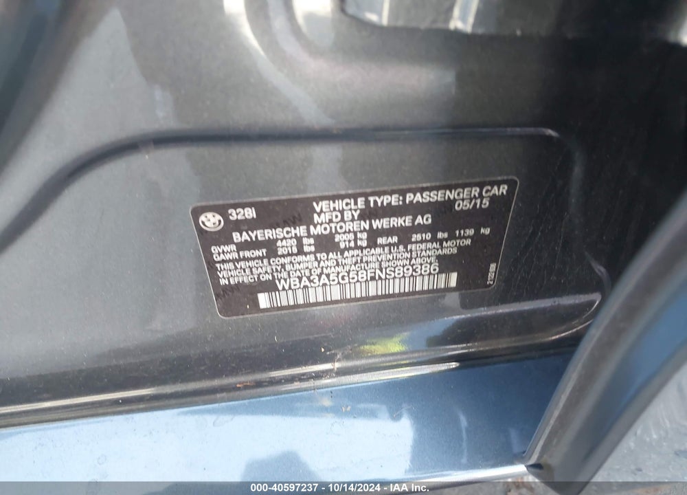 2015 BMW 328I VIN: WBA3A5G58FNS89386