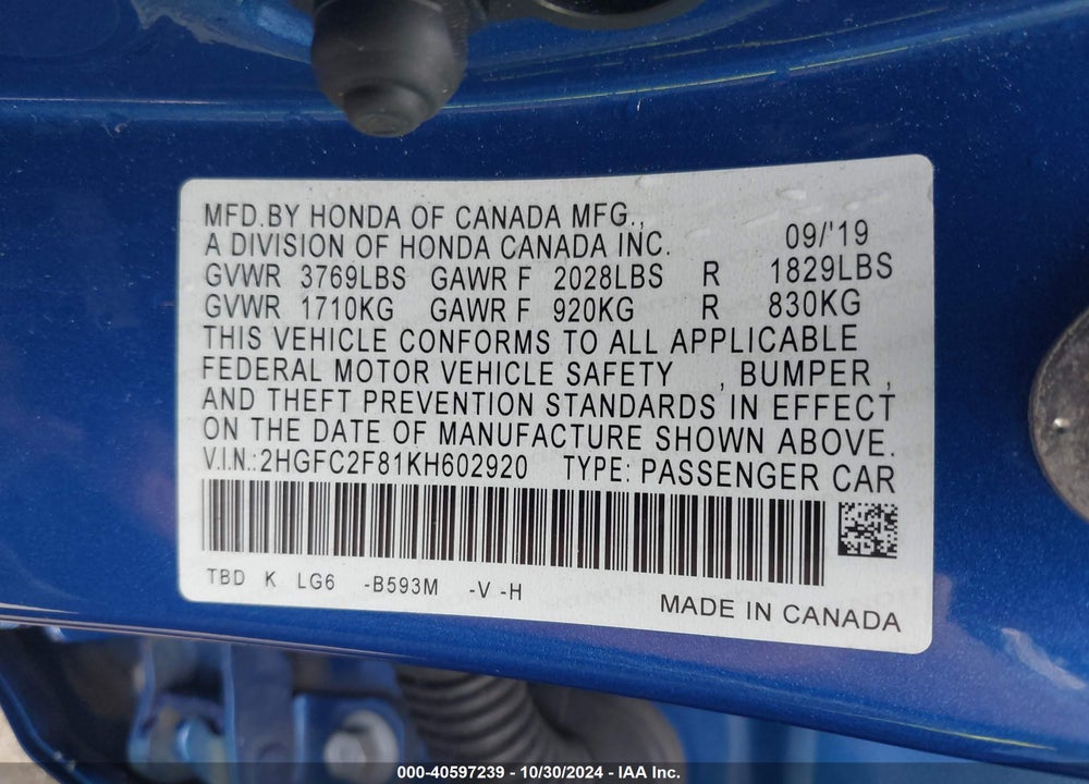 2019 HONDA CIVIC SPORT VIN: 2HGFC2F81KH602920