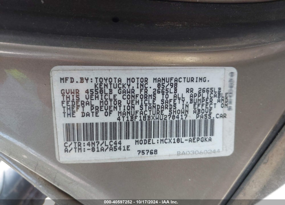 1998 TOYOTA AVALON XLS VIN: 4T1BF18BXWU270417