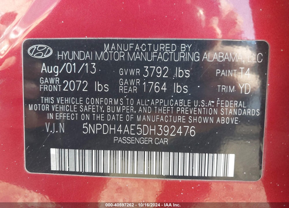 2013 HYUNDAI ELANTRA GLS VIN: 5NPDH4AE5DH392476