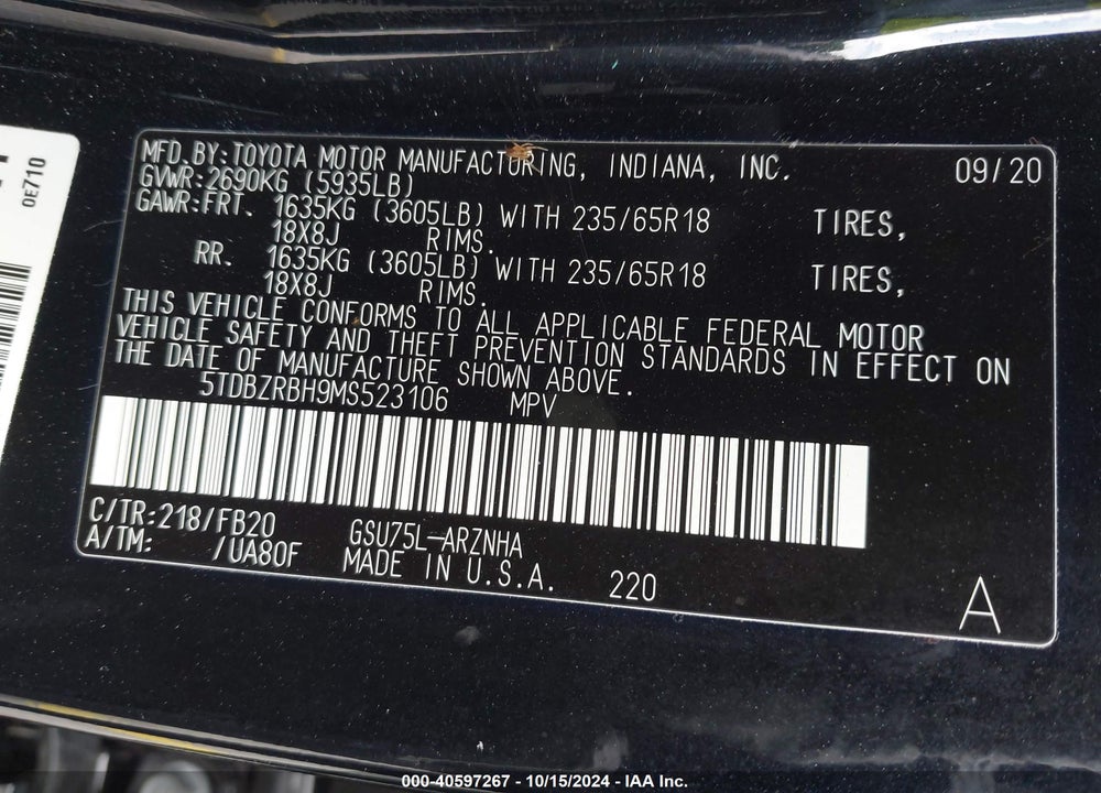 2021 TOYOTA HIGHLANDER LE VIN: 5TDBZRBH9MS523106