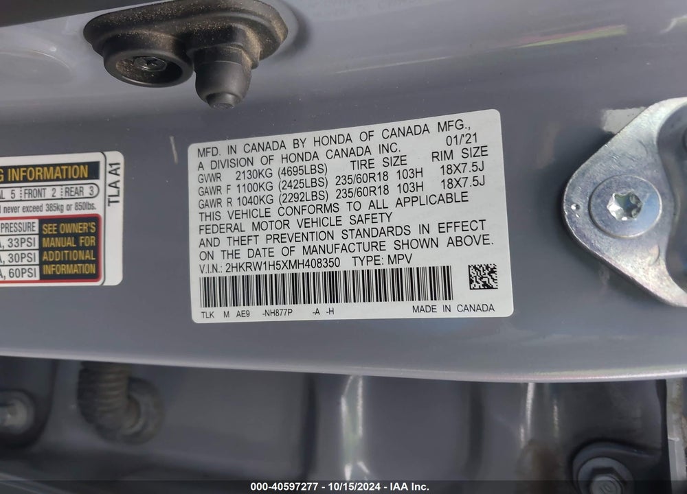 2021 HONDA CR-V 2WD EX VIN: 2HKRW1H5XMH408350