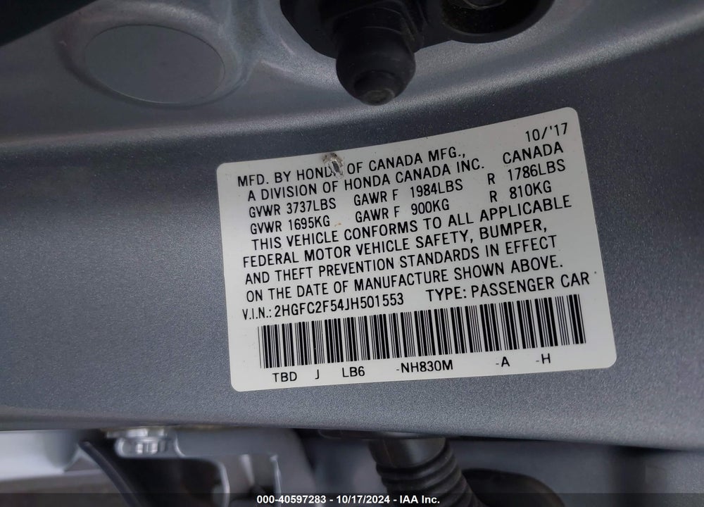 2018 HONDA CIVIC LX VIN: 2HGFC2F54JH501553