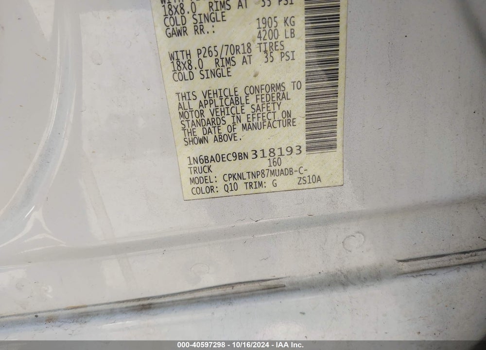 2011 NISSAN TITAN SV VIN: 1N6BA0EC9BN318193