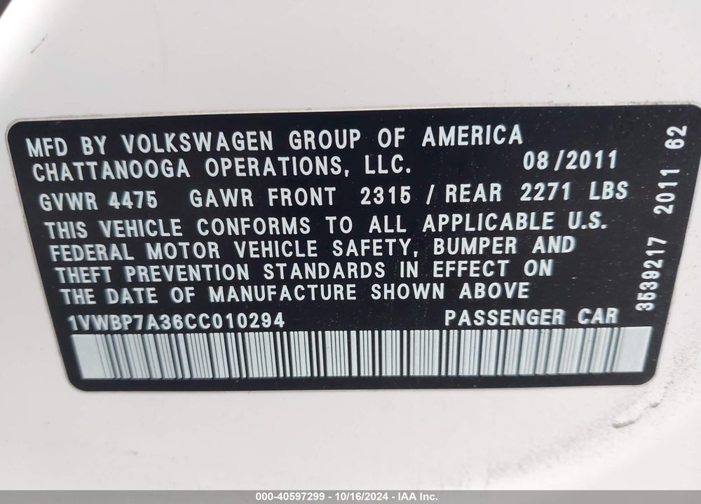 2012 VOLKSWAGEN PASSAT 2.5L SE VIN: 1VWBP7A36CC010294
