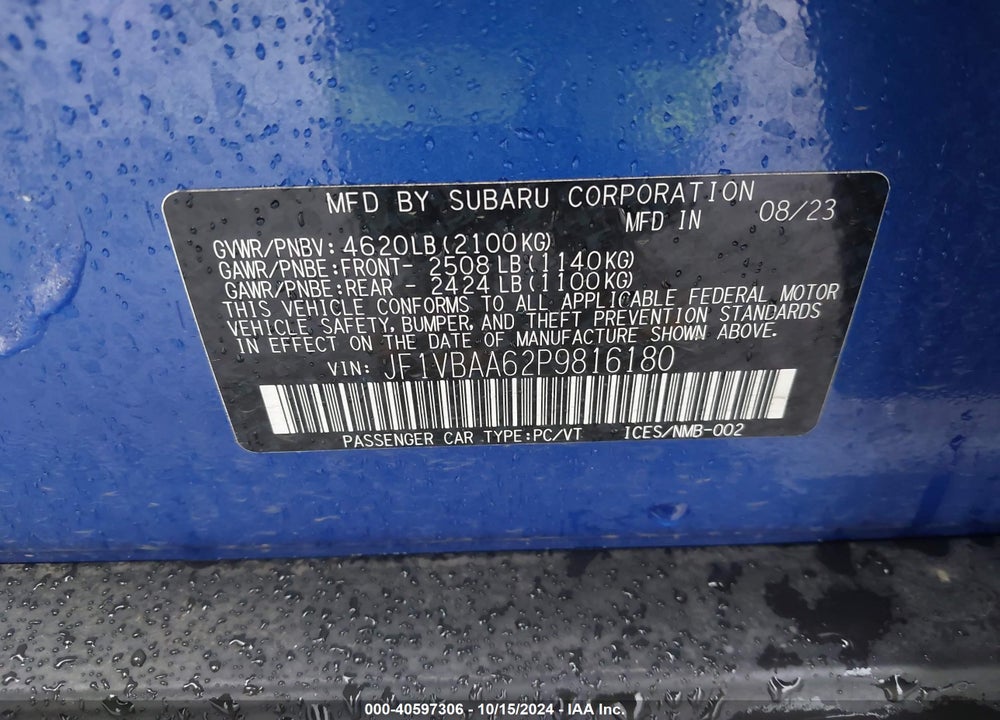 2023 SUBARU WRX VIN: JF1VBAA62P9816180