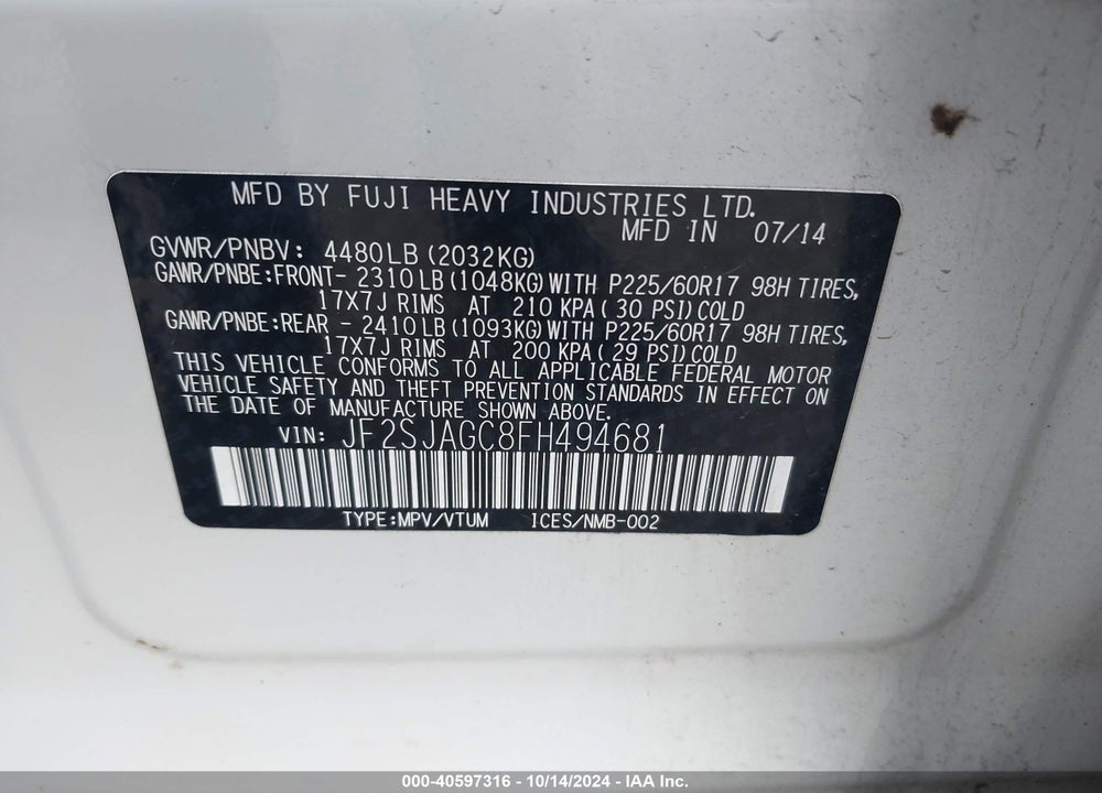 2015 SUBARU FORESTER 2.5I PREMIUM VIN: JF2SJAGC8FH494681