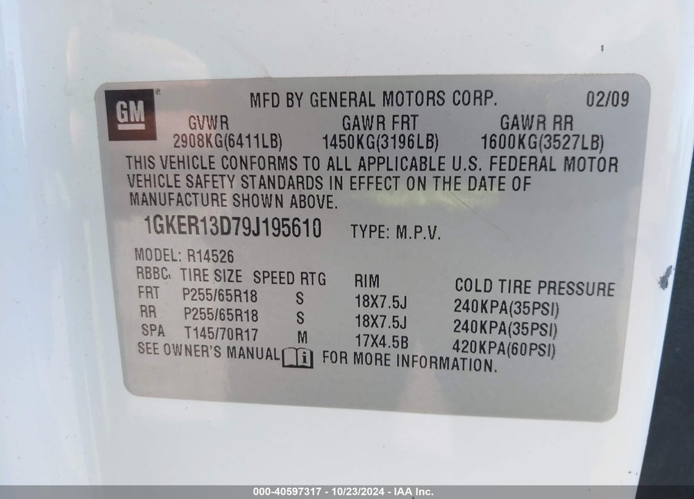 2009 GMC ACADIA SLE-1 VIN: 1GKER13D79J195610