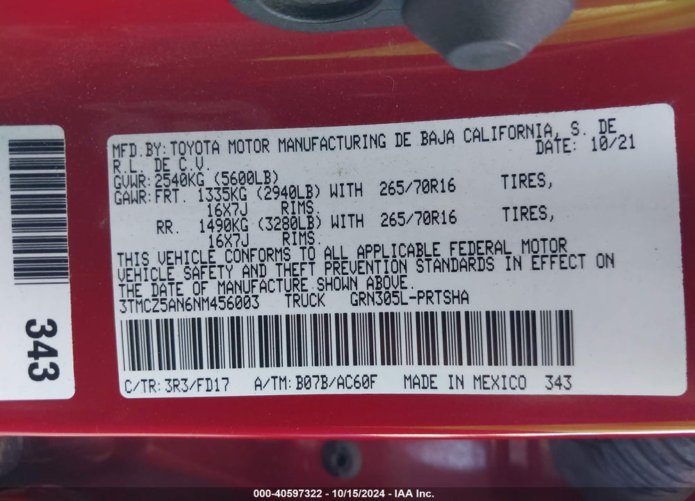 2022 TOYOTA TACOMA TRD OFF ROAD VIN: 3TMCZ5AN6NM456003