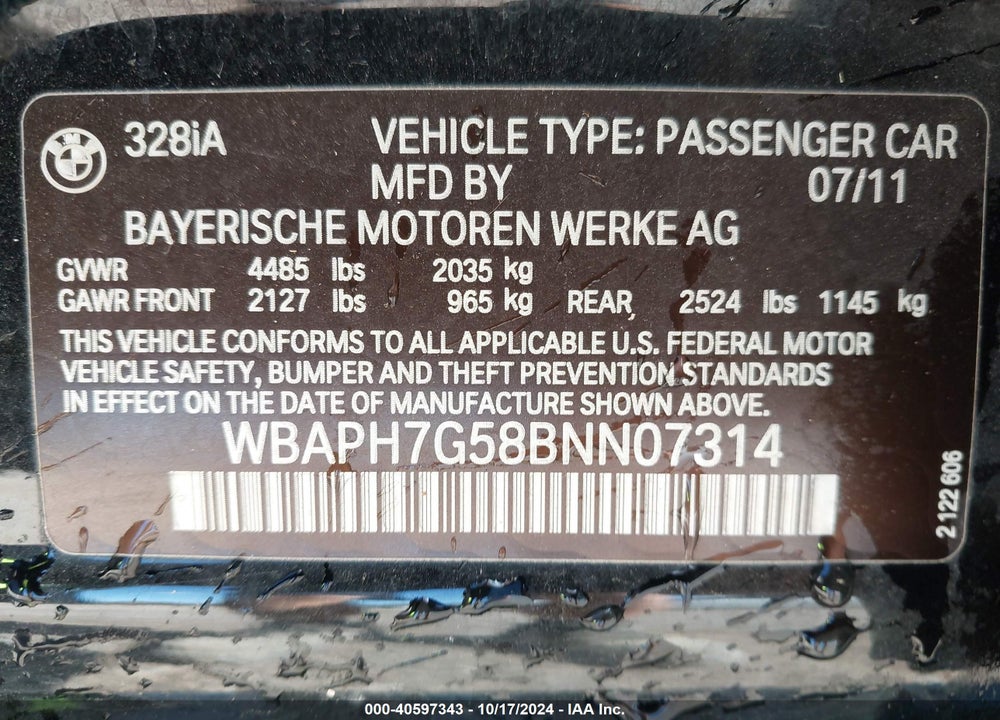 2011 BMW 328I VIN: WBAPH7G58BNN07314
