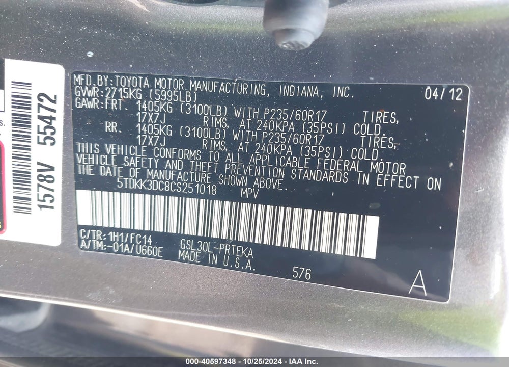 2012 TOYOTA SIENNA LE V6 8 PASSENGER VIN: 5TDKK3DC8CS251018