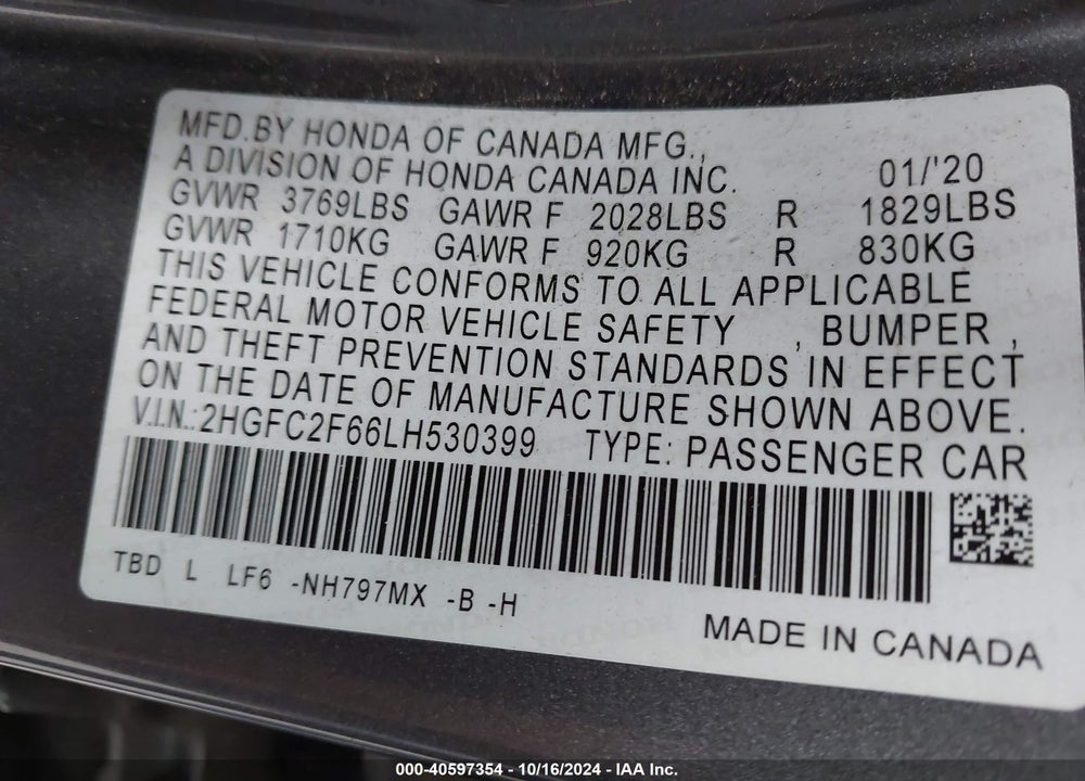 2020 HONDA CIVIC LX VIN: 2HGFC2F66LH530399