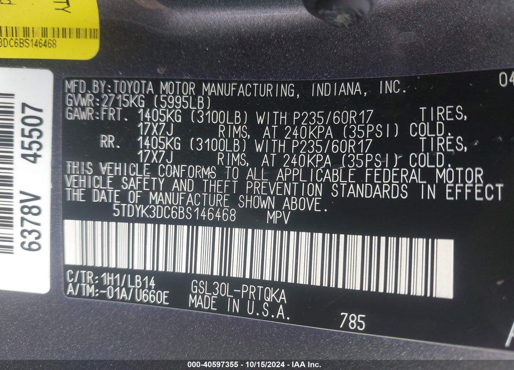 2011 TOYOTA SIENNA XLE V6 VIN: 5TDYK3DC6BS146468