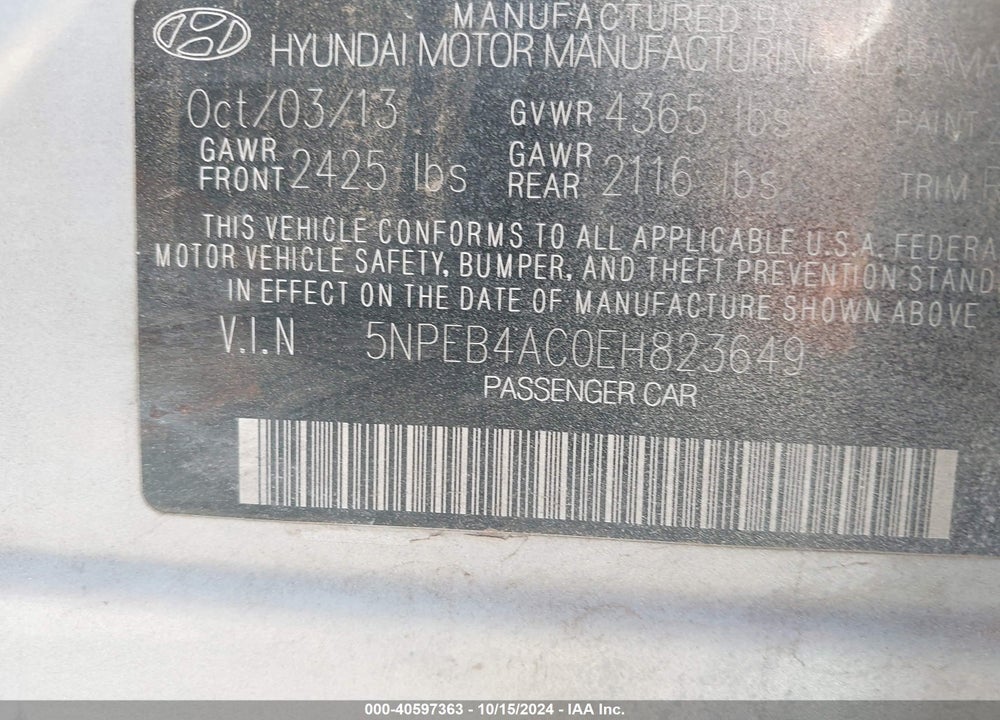 2014 HYUNDAI SONATA GLS VIN: 5NPEB4AC0EH823649