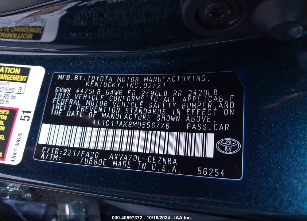 2021 TOYOTA CAMRY LE VIN: 4T1C11AK8MU556776