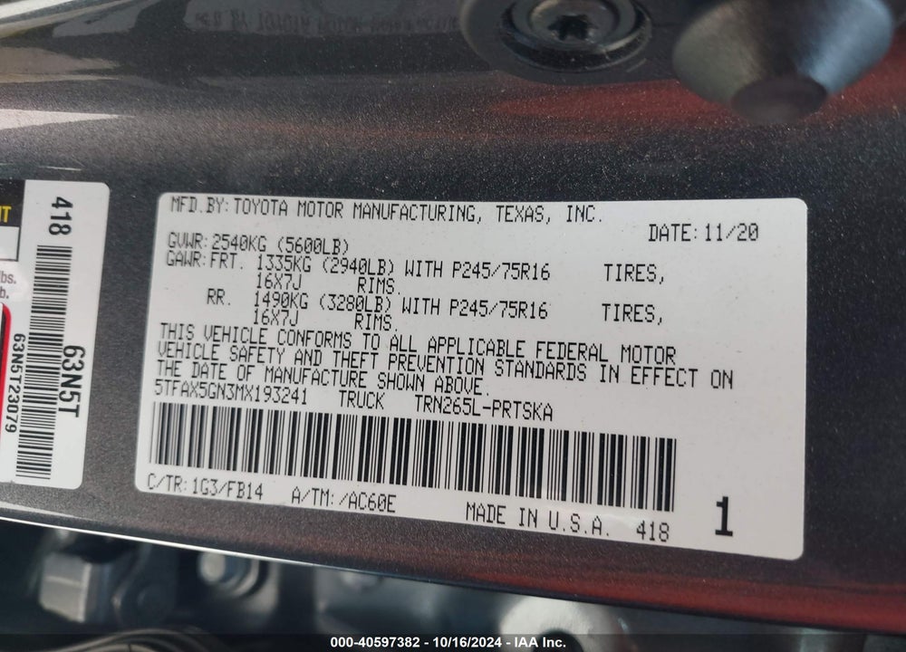 2021 TOYOTA TACOMA SR VIN: 5TFAX5GN3MX193241