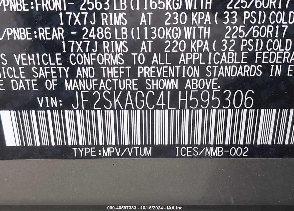 2020 SUBARU FORESTER PREMIUM VIN: JF2SKAGC4LH595306