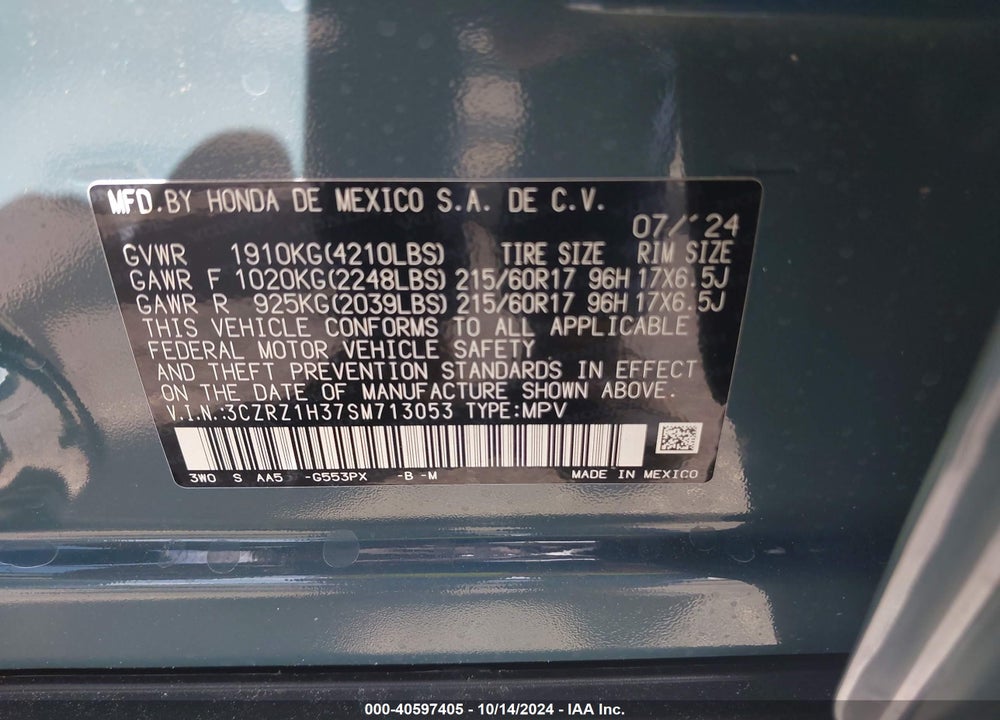 2025 HONDA HR-V 2WD LX VIN: 3CZRZ1H37SM713053