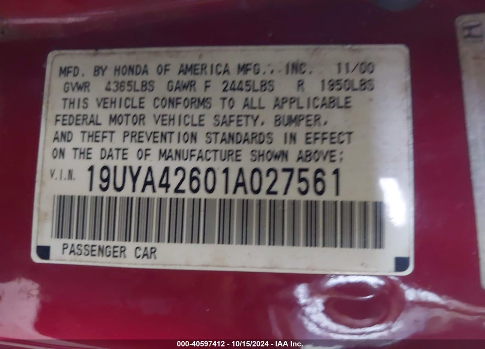 2001 ACURA CL 3.2 TYPE S VIN: 19UYA42601A027561