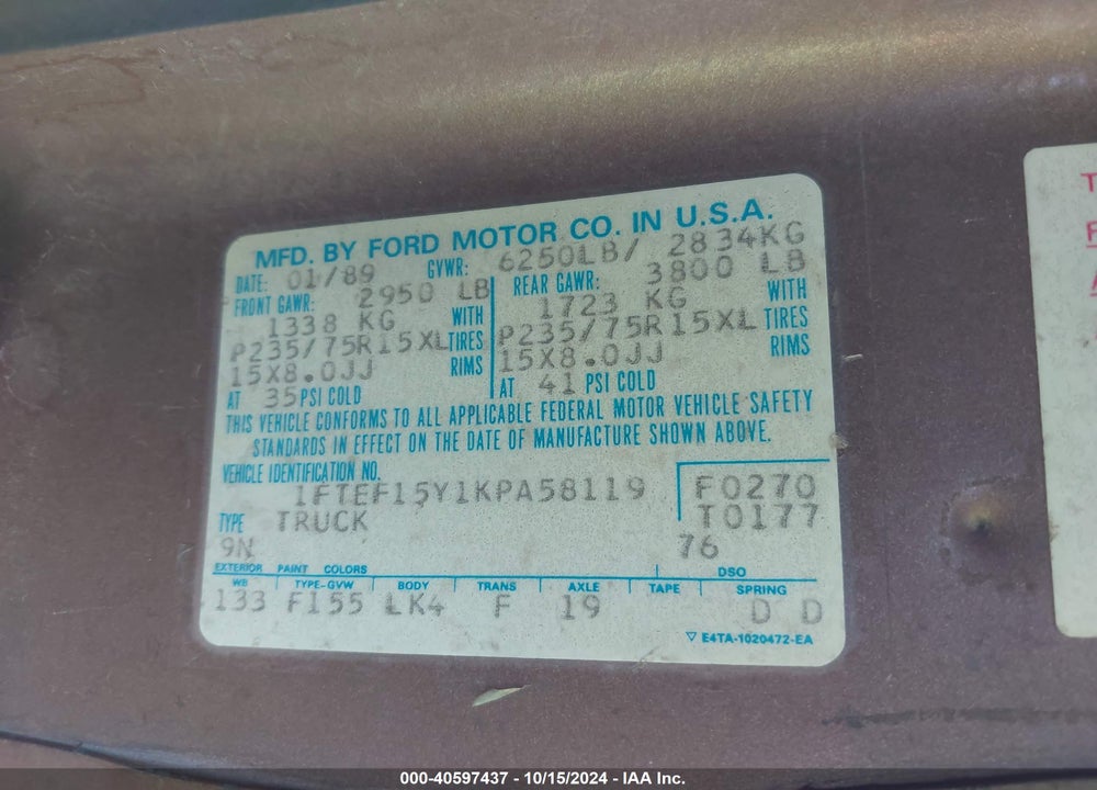 1989 FORD F150 VIN: 1FTEF15Y1KPA58119