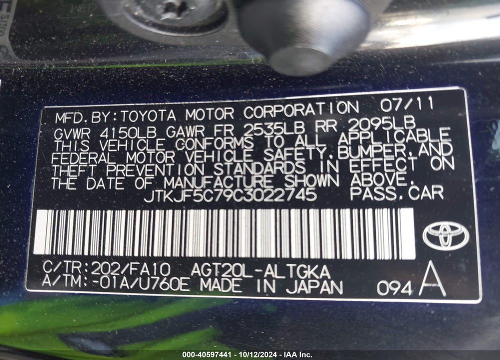 2012 SCION TC VIN: JTKJF5C79C3022745