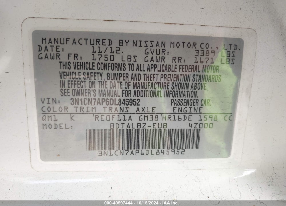 2013 NISSAN VERSA 1.6 SV VIN: 3N1CN7AP6DL845952