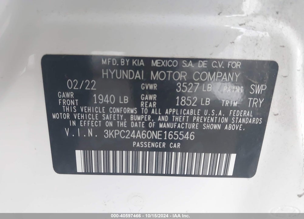 2022 HYUNDAI ACCENT SE VIN: 3KPC24A60NE165546
