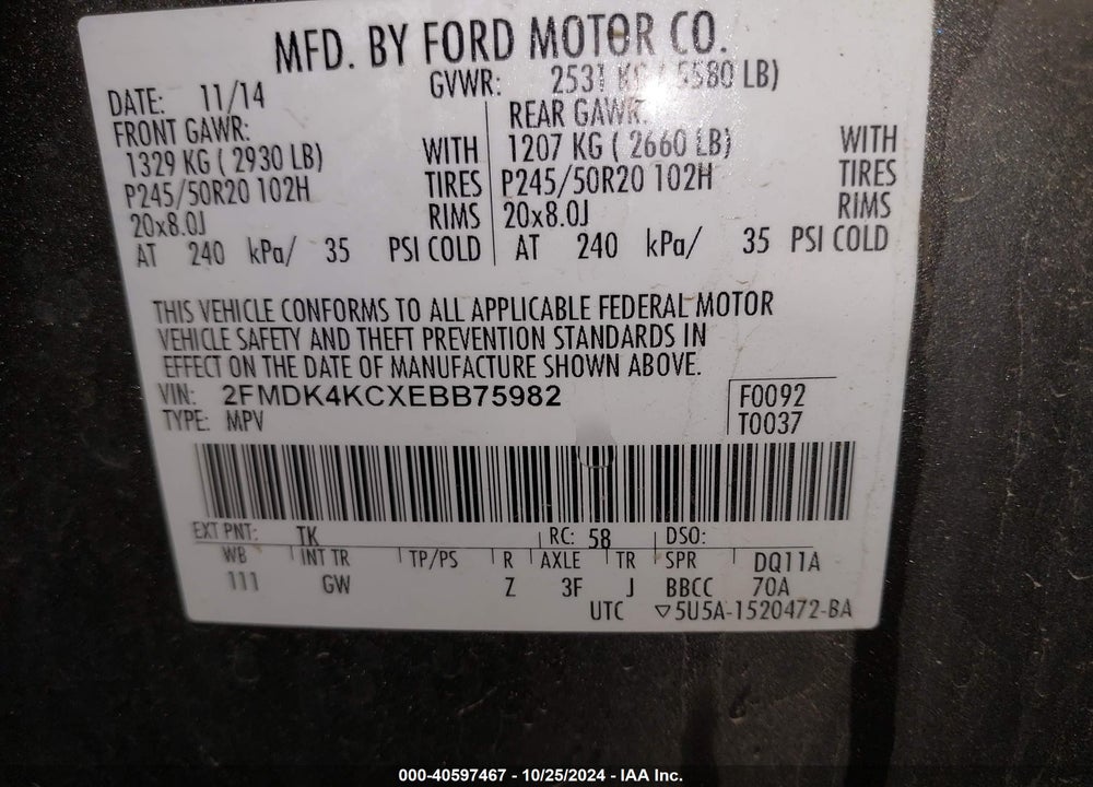 2014 FORD EDGE LIMITED VIN: 2FMDK4KCXEBB75982