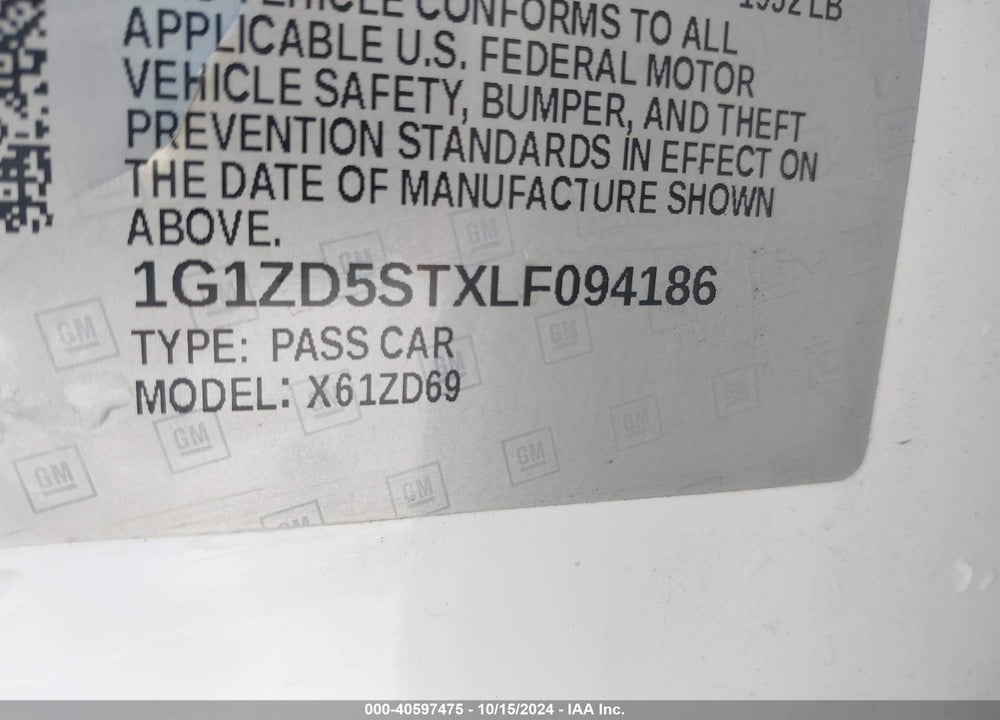 2020 CHEVROLET MALIBU FWD LT VIN: 1G1ZD5STXLF094186