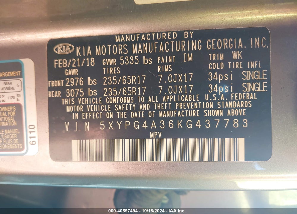 2019 KIA SORENTO 2.4L L VIN: 5XYPG4A36KG437783