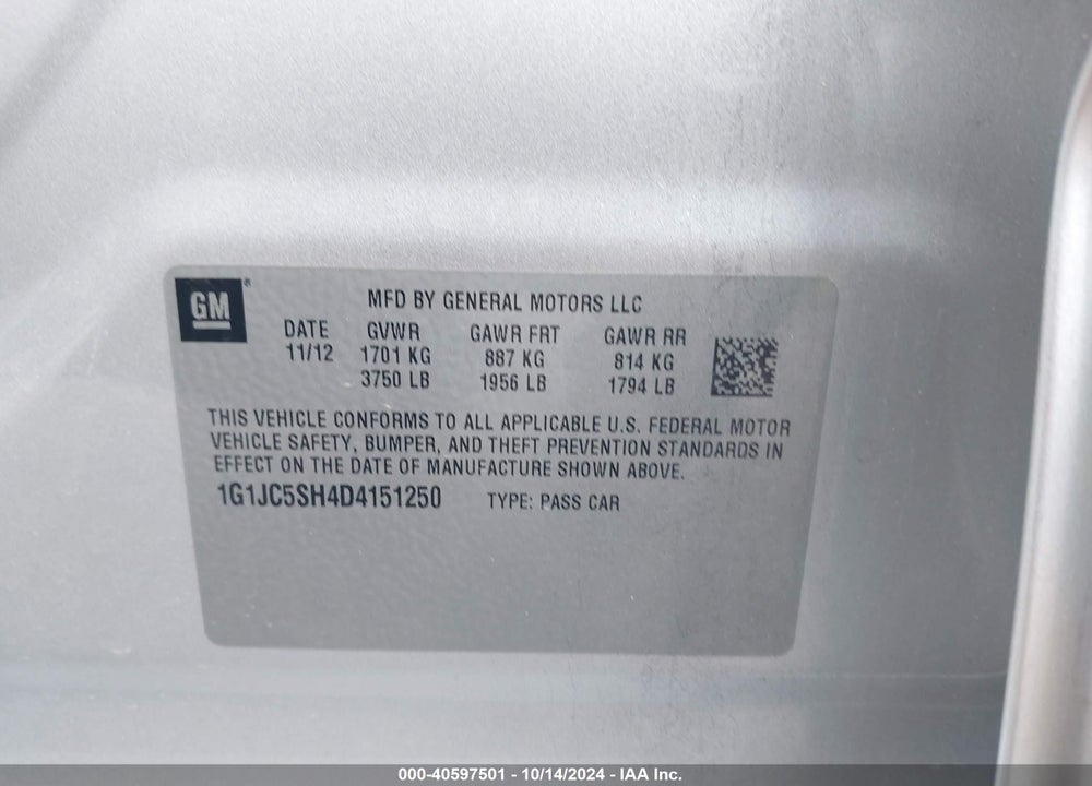 2013 CHEVROLET SONIC LT AUTO VIN: 1G1JC5SH4D4151250