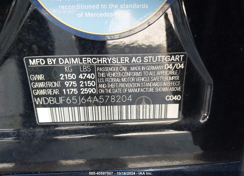 2004 MERCEDES-BENZ E 320 VIN: WDBUF65J64A578204