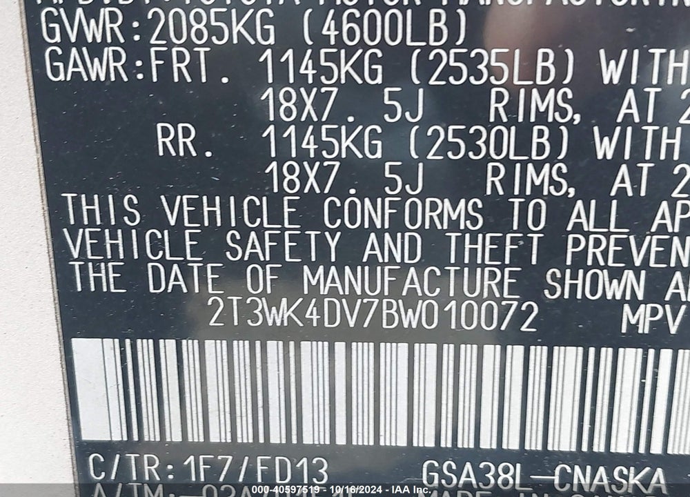 2011 TOYOTA RAV4 SPORT V6 VIN: 2T3WK4DV7BW010072