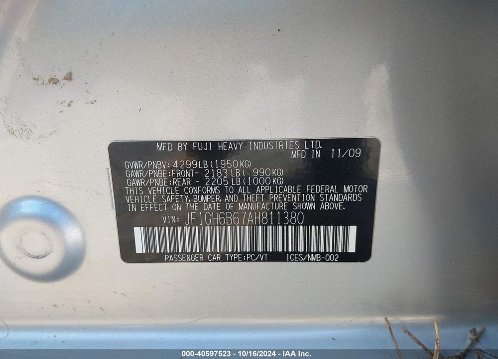 2010 SUBARU IMPREZA 2.5I PREMIUM VIN: JF1GH6B67AH811380