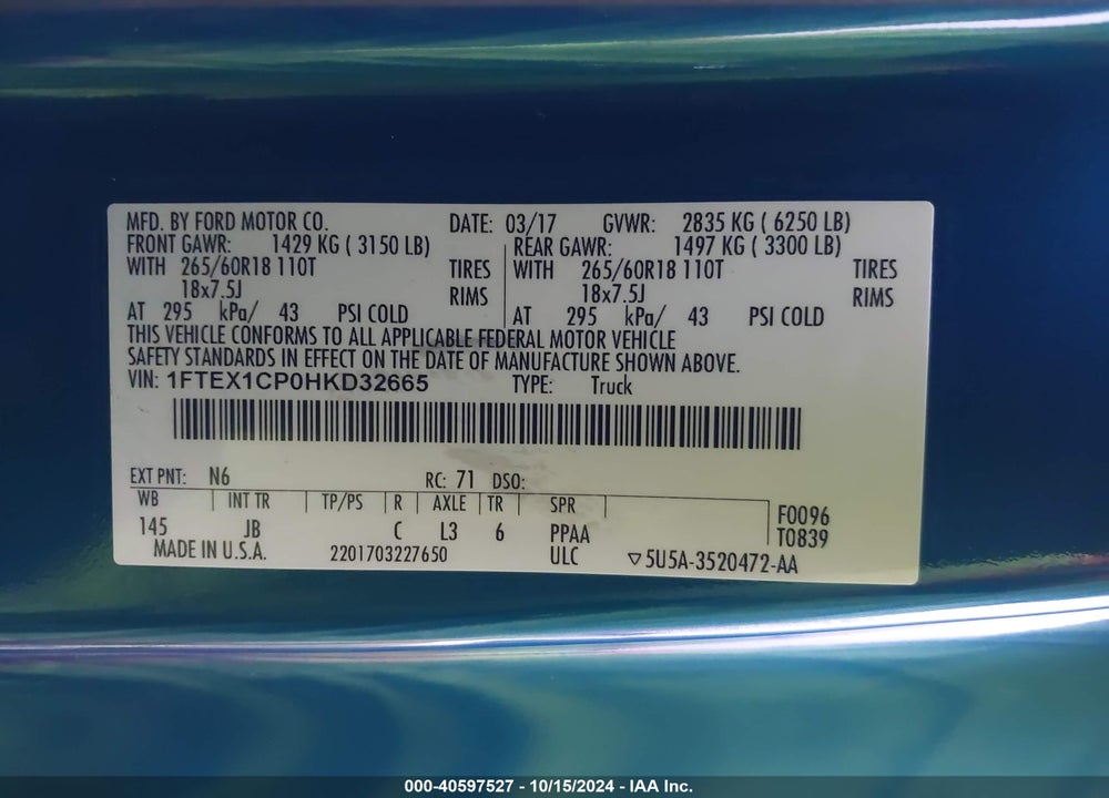 2017 FORD F-150 XLT VIN: 1FTEX1CP0HKD32665
