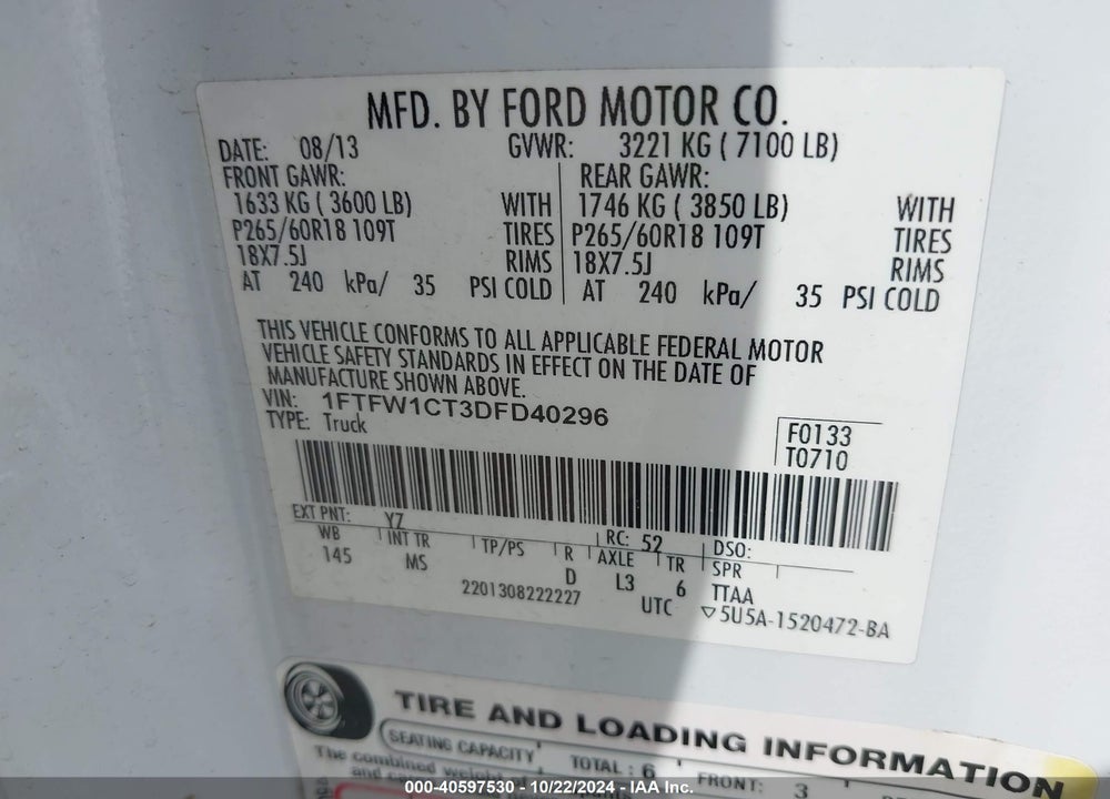 2013 FORD F-150 XLT VIN: 1FTFW1CT3DFD40296