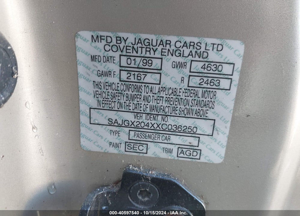1999 JAGUAR XK8 VIN: SAJGX204XXC036250