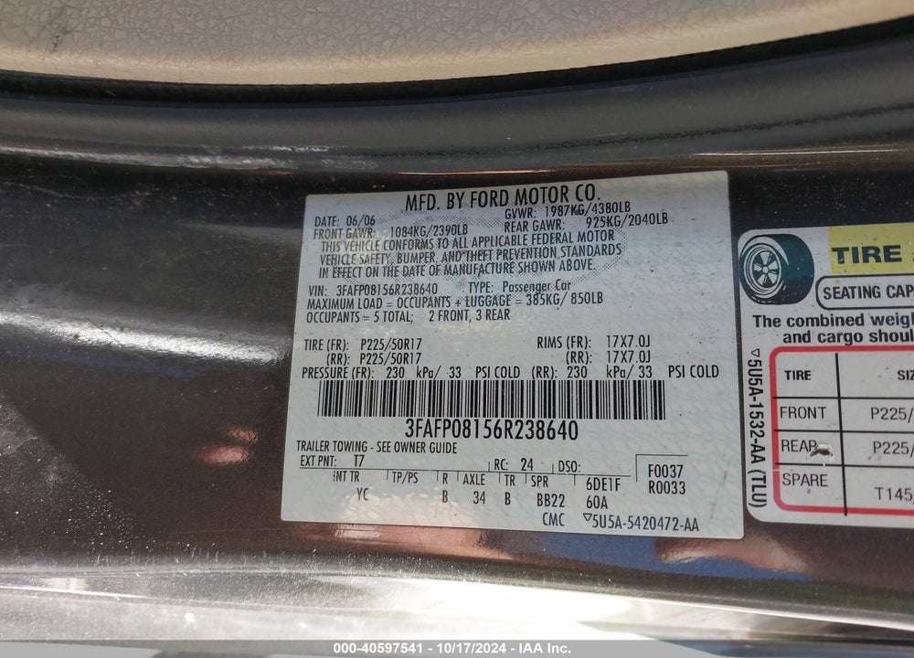 2006 FORD FUSION SEL VIN: 3FAFP08156R238640