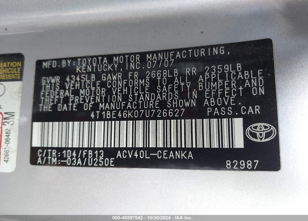 2007 TOYOTA CAMRY CE VIN: 4T1BE46K07U726627