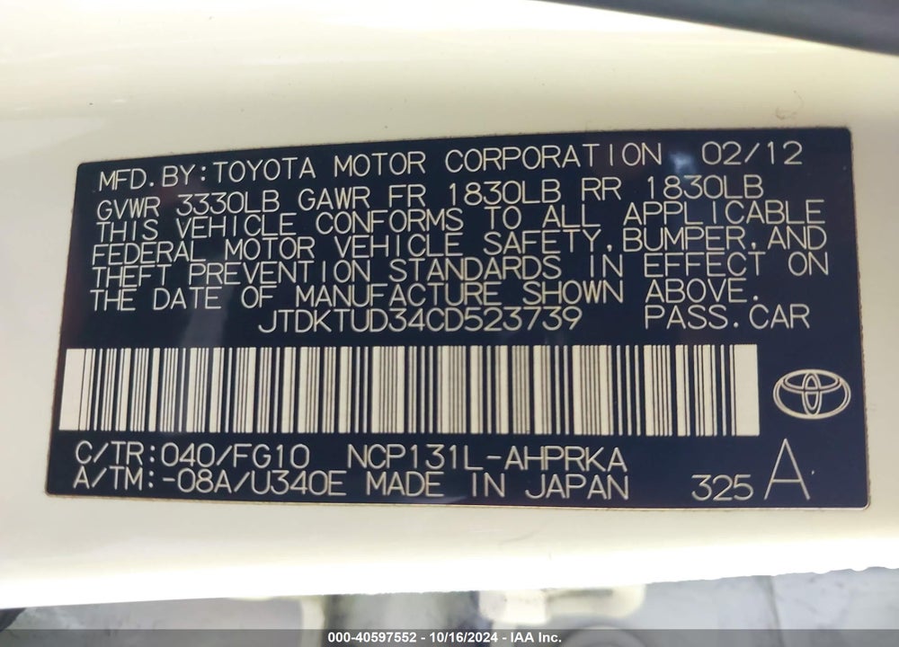2012 TOYOTA YARIS LE VIN: JTDKTUD34CD523739